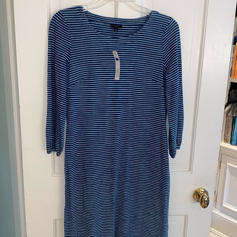 NWT Talbots indigo navy white stripe 100% cotton scoop neck gathered cuff dress